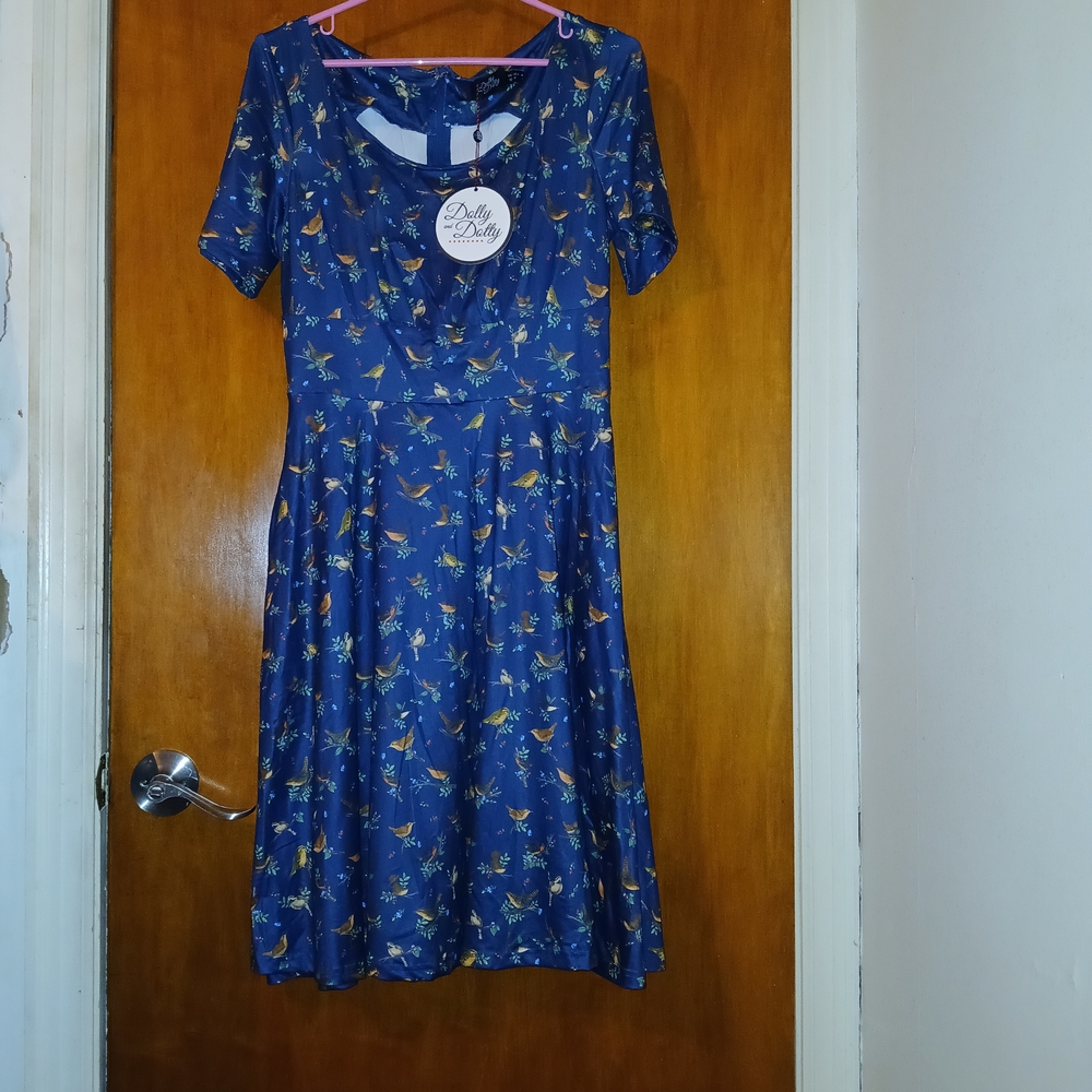 NWT Dolly And Dotty Navy Bird Print Brenda Midi Dress - Picture 2 of 5